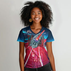 African American 1968 Black Power Salute Women V-Neck T-Shirt Retro Cyberpunk Sci-Fi Tech Civil Rights Art