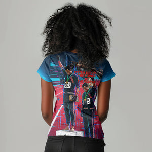 African American 1968 Black Power Salute Women V-Neck T-Shirt Retro Cyberpunk Sci-Fi Tech Civil Rights Art