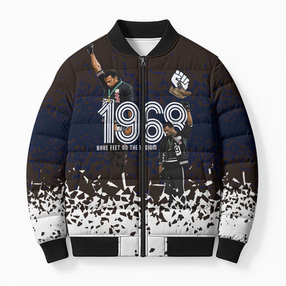 Black Power Salute African Human Rights Bomber Puffer Jacket Civil Rights Movement OPHR Mexico City 1968 Retro