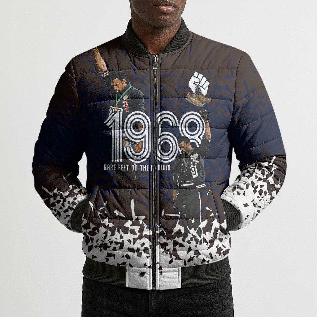 Black Power Salute African Human Rights Bomber Puffer Jacket Civil Rights Movement OPHR Mexico City 1968 Retro