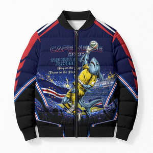 Personalized Cape Verde Blue Sharks Bomber Puffer Jacket African Pride Dynamic Stadium Soccer Graphic Art