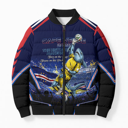 Personalized Cape Verde Blue Sharks Bomber Puffer Jacket African Pride Dynamic Stadium Soccer Graphic Art