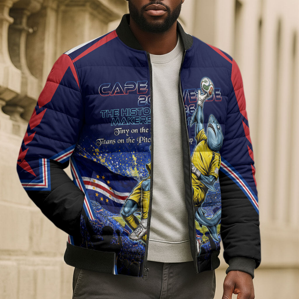 Personalized Cape Verde Blue Sharks Bomber Puffer Jacket African Pride Dynamic Stadium Soccer Graphic Art