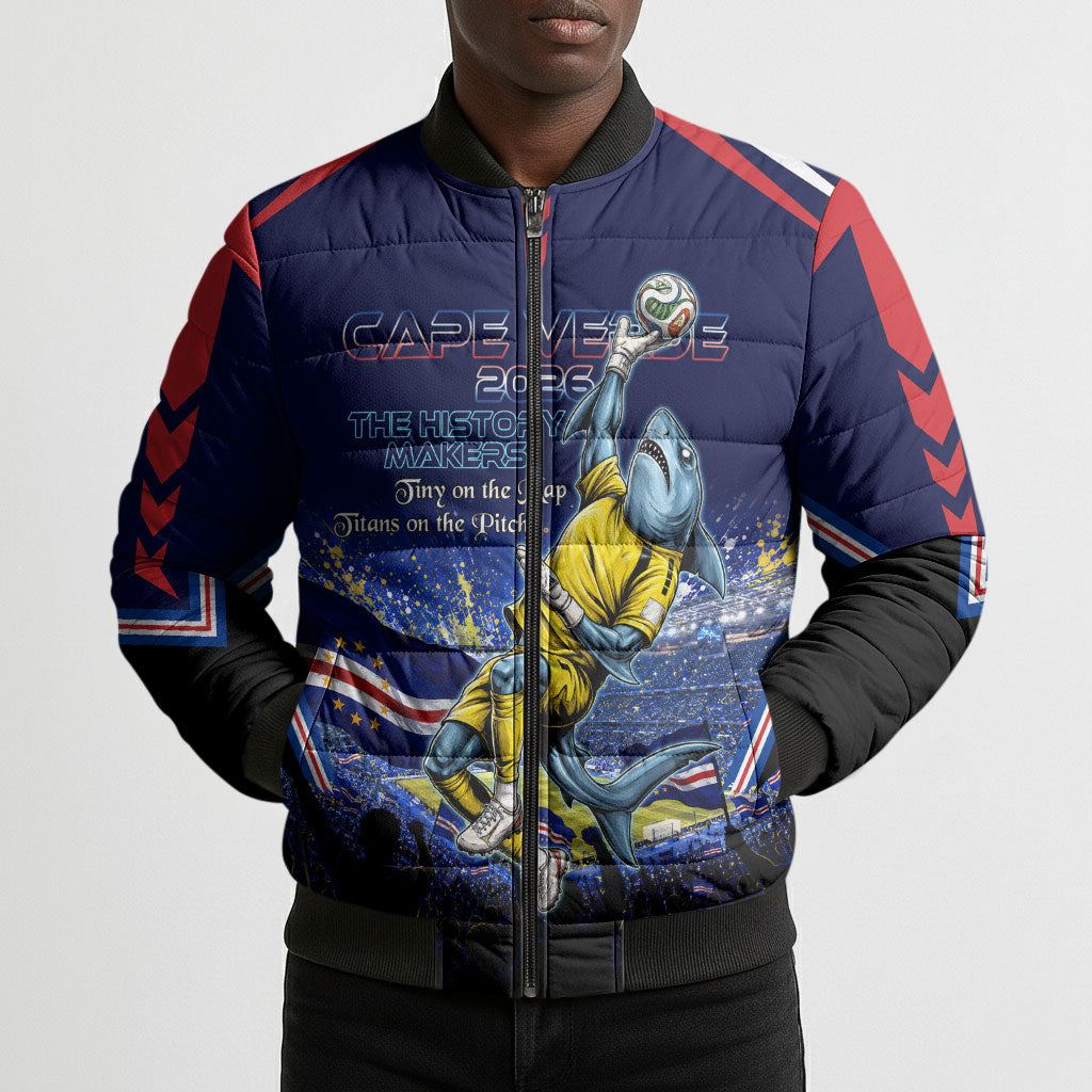 Personalized Cape Verde Blue Sharks Bomber Puffer Jacket African Pride Dynamic Stadium Soccer Graphic Art