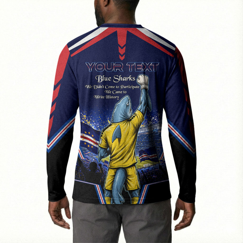 Personalized Cape Verde Blue Sharks Button Sweatshirt African Pride Dynamic Stadium Soccer Graphic Art