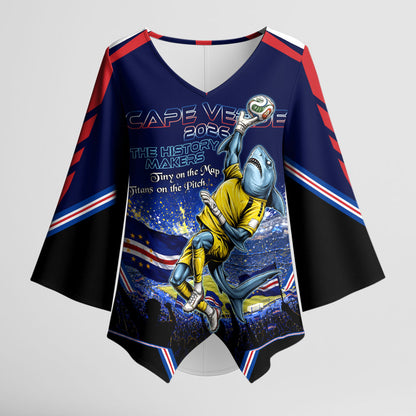 Personalized Cape Verde Blue Sharks Kimono Sleeve Blouse African Pride Dynamic Stadium Soccer Graphic Art