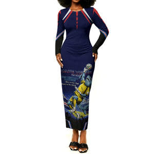 Personalized Cape Verde Blue Sharks Long Sleeve Bodycon Dress African Pride Dynamic Stadium Soccer Graphic Art