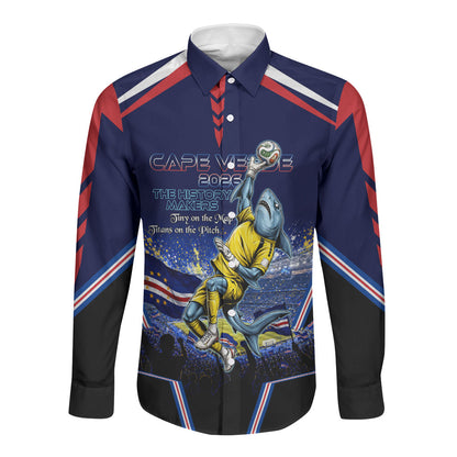 Personalized Cape Verde Blue Sharks Long Sleeve Button Shirt African Pride Dynamic Stadium Soccer Graphic Art