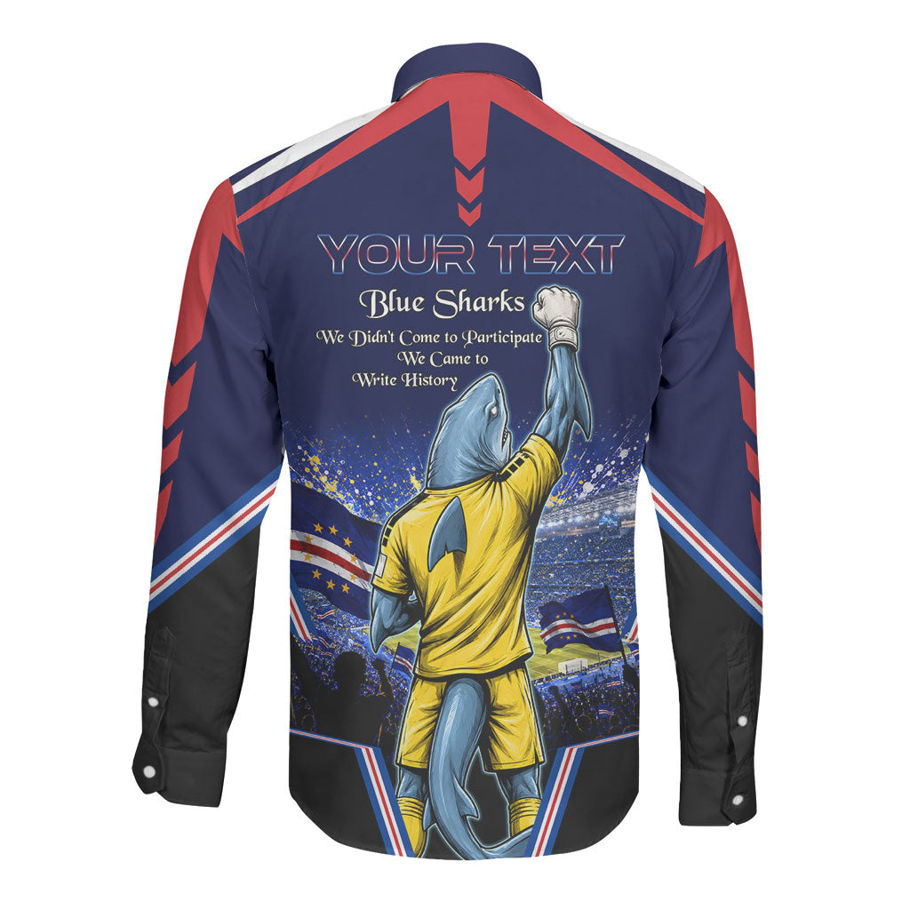 Personalized Cape Verde Blue Sharks Long Sleeve Button Shirt African Pride Dynamic Stadium Soccer Graphic Art