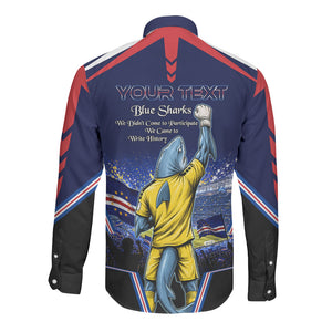 Personalized Cape Verde Blue Sharks Long Sleeve Button Shirt African Pride Dynamic Stadium Soccer Graphic Art