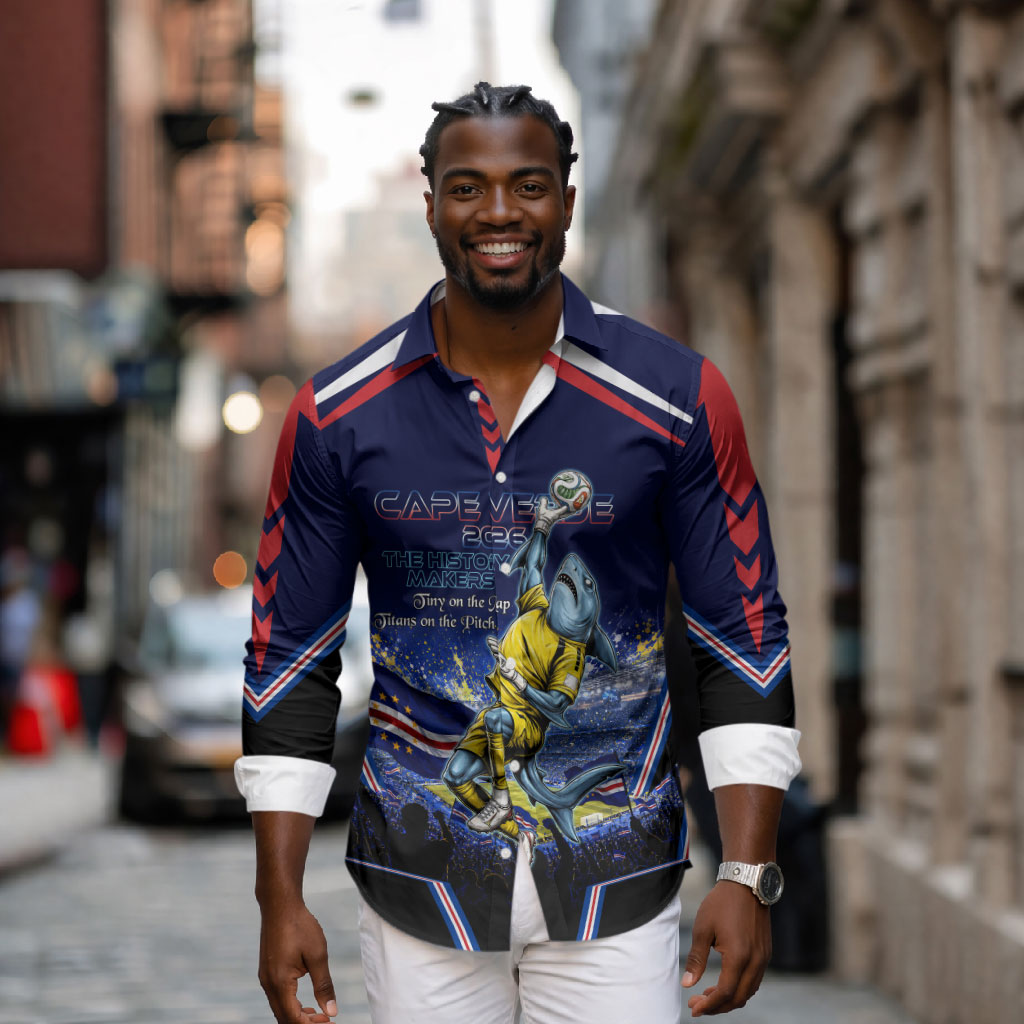 Personalized Cape Verde Blue Sharks Long Sleeve Button Shirt African Pride Dynamic Stadium Soccer Graphic Art