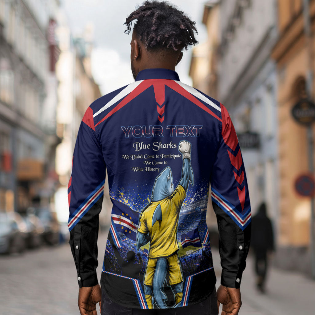 Personalized Cape Verde Blue Sharks Long Sleeve Button Shirt African Pride Dynamic Stadium Soccer Graphic Art