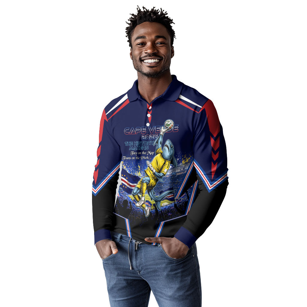 Personalized Cape Verde Blue Sharks Long Sleeve Polo Shirt African Pride Dynamic Stadium Soccer Graphic Art
