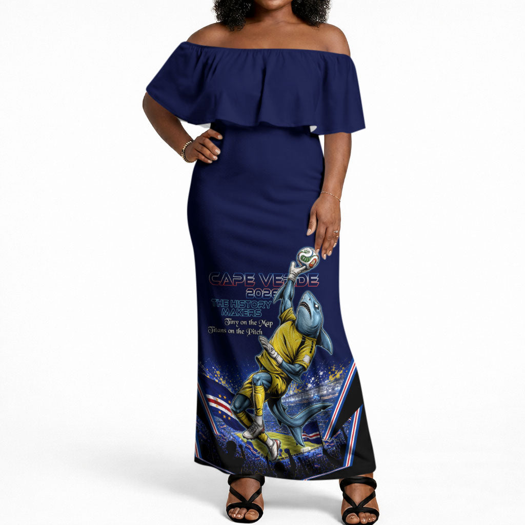 Personalized Cape Verde Blue Sharks Off Shoulder Maxi Dress African Pride Dynamic Stadium Soccer Graphic Art