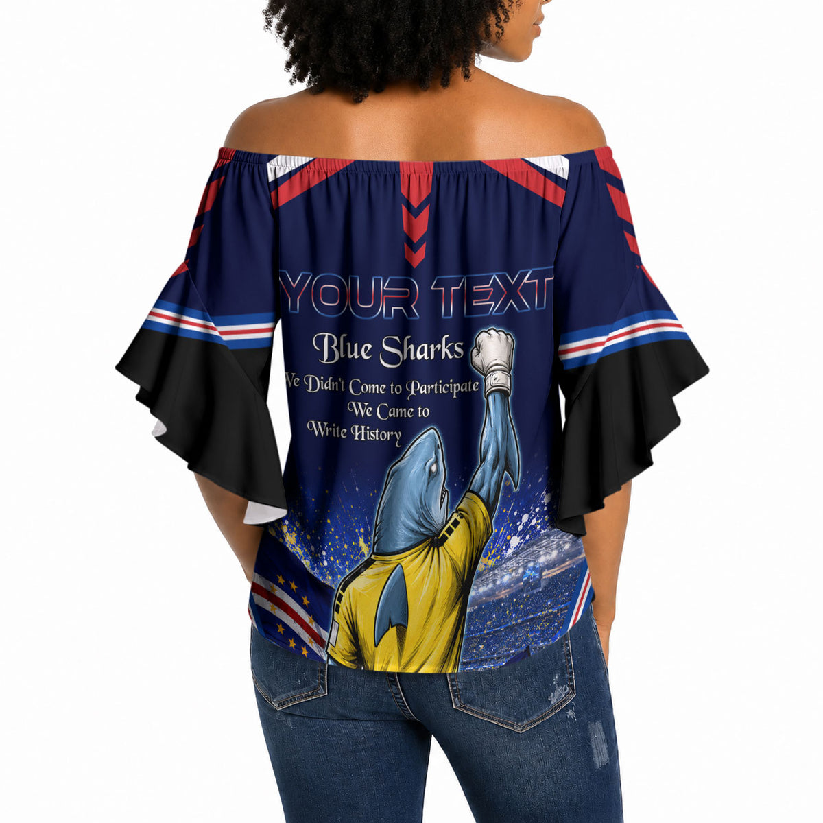 Personalized Cape Verde Blue Sharks Off Shoulder Wrap Waist Top African Pride Dynamic Stadium Soccer Graphic Art