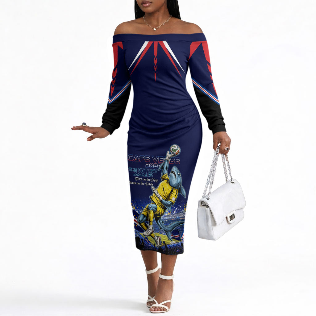 Personalized Cape Verde Blue Sharks Off The Shoulder Long Sleeve Dress African Pride Dynamic Stadium Soccer Graphic Art