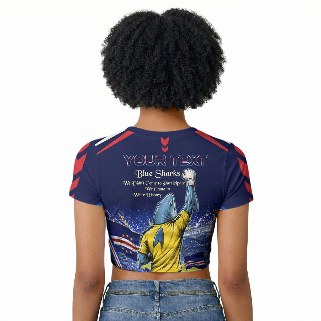 Personalized Cape Verde Blue Sharks Raglan Cropped T shirt African Pride Dynamic Stadium Soccer Graphic Art
