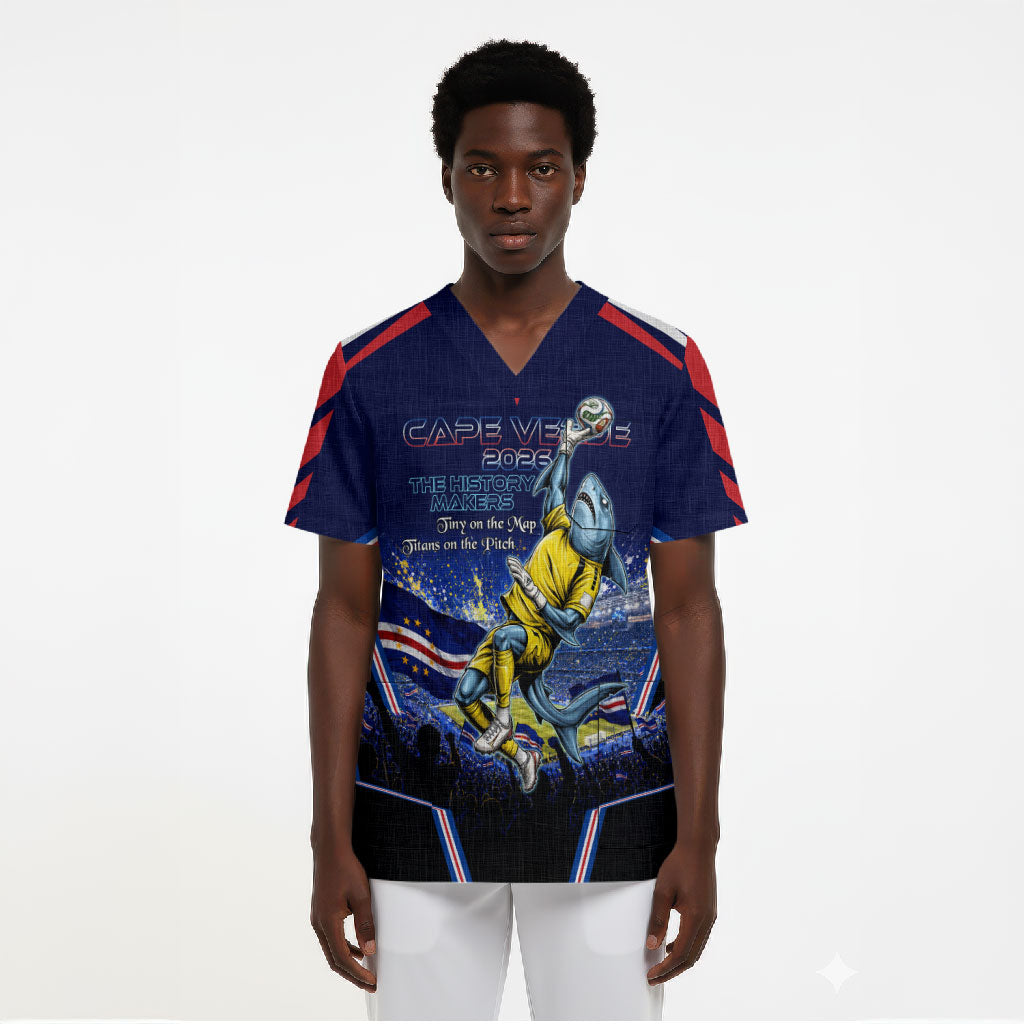Personalized Cape Verde Blue Sharks Scrub Top African Pride Dynamic Stadium Soccer Graphic Art