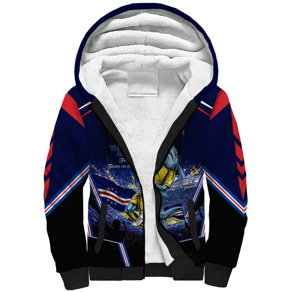 Personalized Cape Verde Blue Sharks Sherpa Hoodie African Pride Dynamic Stadium Soccer Graphic Art