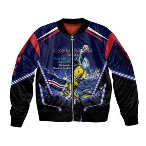 Personalized Cape Verde Blue Sharks Sleeve Zip Bomber Jacket African Pride Dynamic Stadium Soccer Graphic Art