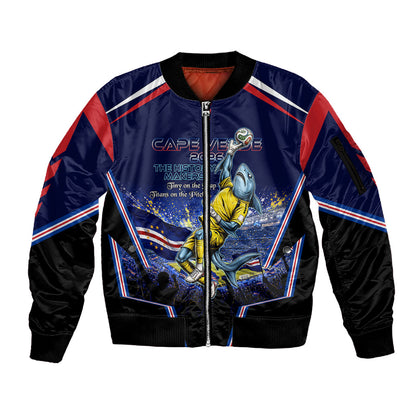 Personalized Cape Verde Blue Sharks Sleeve Zip Bomber Jacket African Pride Dynamic Stadium Soccer Graphic Art