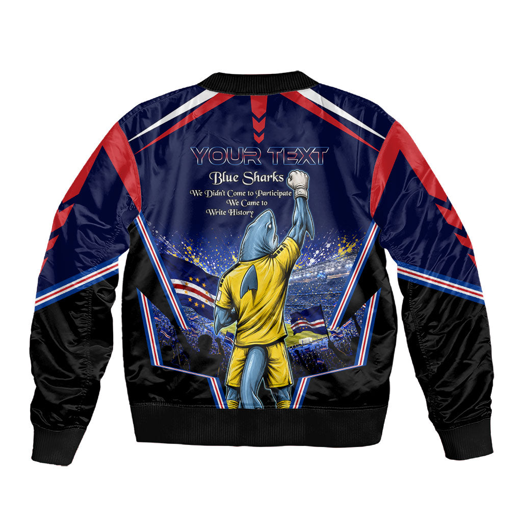 Personalized Cape Verde Blue Sharks Sleeve Zip Bomber Jacket African Pride Dynamic Stadium Soccer Graphic Art
