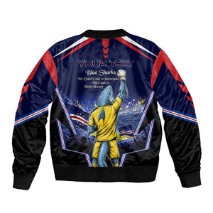 Personalized Cape Verde Blue Sharks Sleeve Zip Bomber Jacket African Pride Dynamic Stadium Soccer Graphic Art