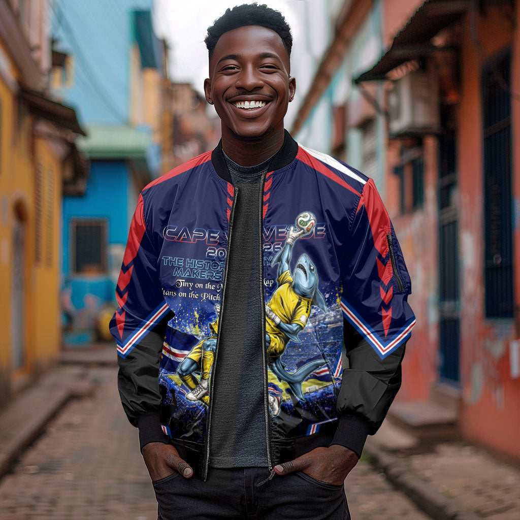 Personalized Cape Verde Blue Sharks Sleeve Zip Bomber Jacket African Pride Dynamic Stadium Soccer Graphic Art