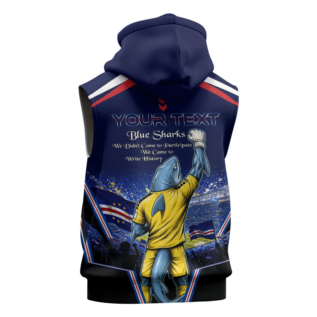 Personalized Cape Verde Blue Sharks Sleeveless Hoodie African Pride Dynamic Stadium Soccer Graphic Art