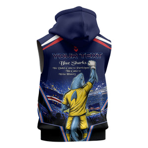 Personalized Cape Verde Blue Sharks Sleeveless Hoodie African Pride Dynamic Stadium Soccer Graphic Art