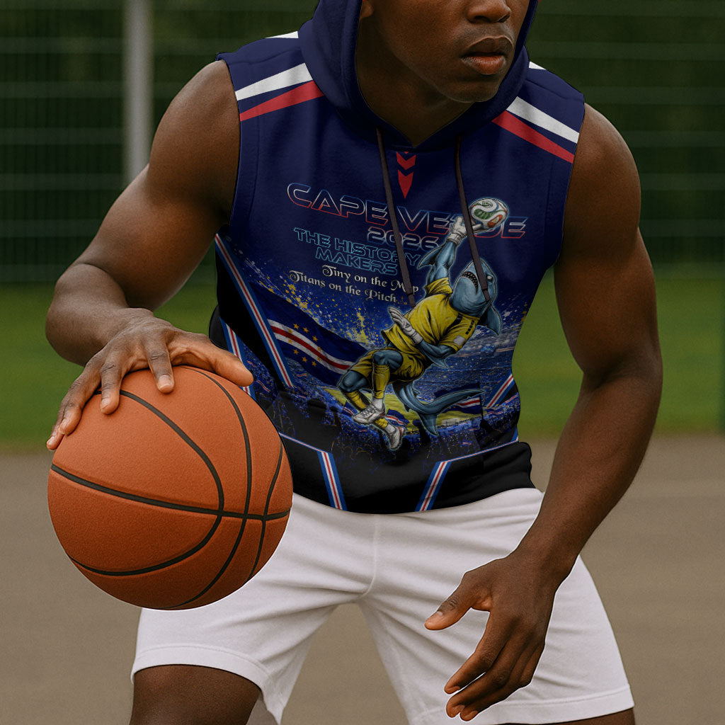 Personalized Cape Verde Blue Sharks Sleeveless Hoodie African Pride Dynamic Stadium Soccer Graphic Art