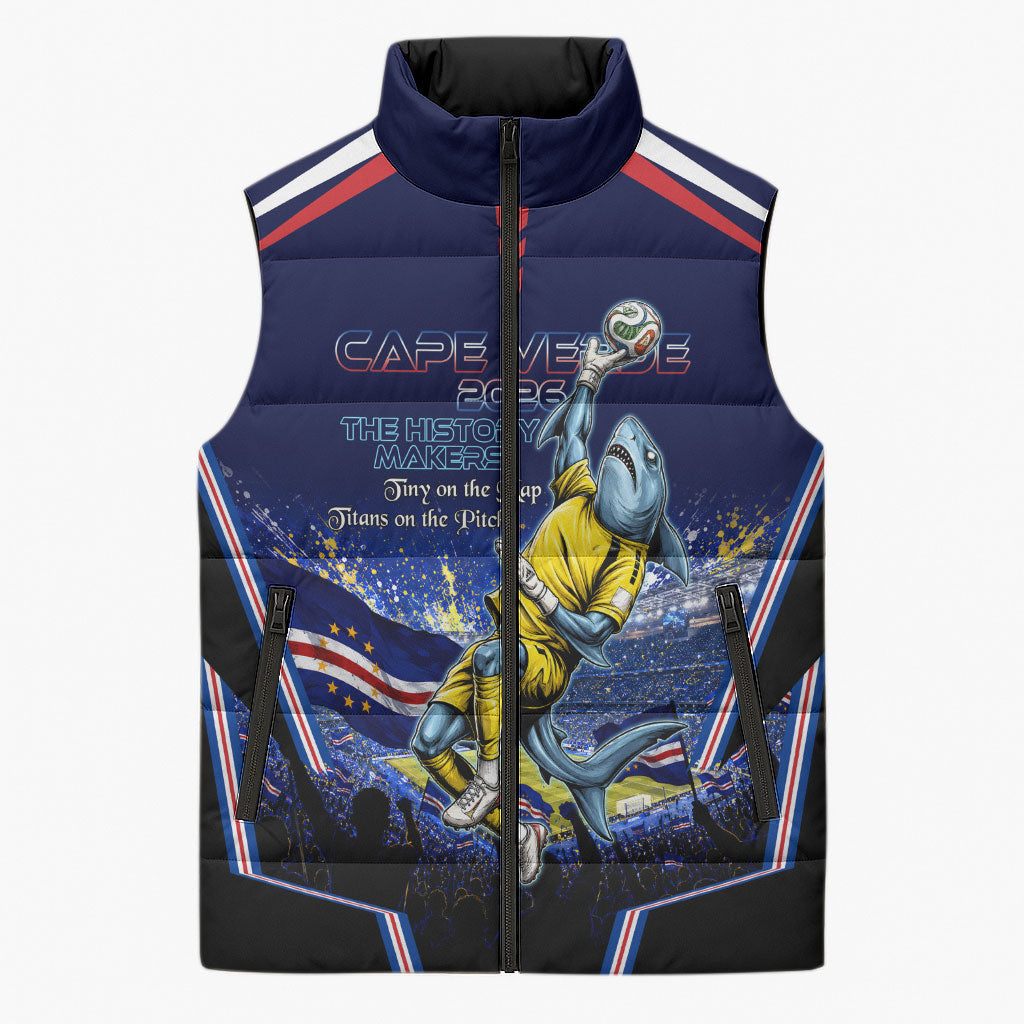 Personalized Cape Verde Blue Sharks Sleeveless Puffer Jacket African Pride Dynamic Stadium Soccer Graphic Art