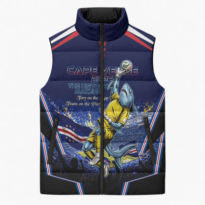 Personalized Cape Verde Blue Sharks Sleeveless Puffer Jacket African Pride Dynamic Stadium Soccer Graphic Art