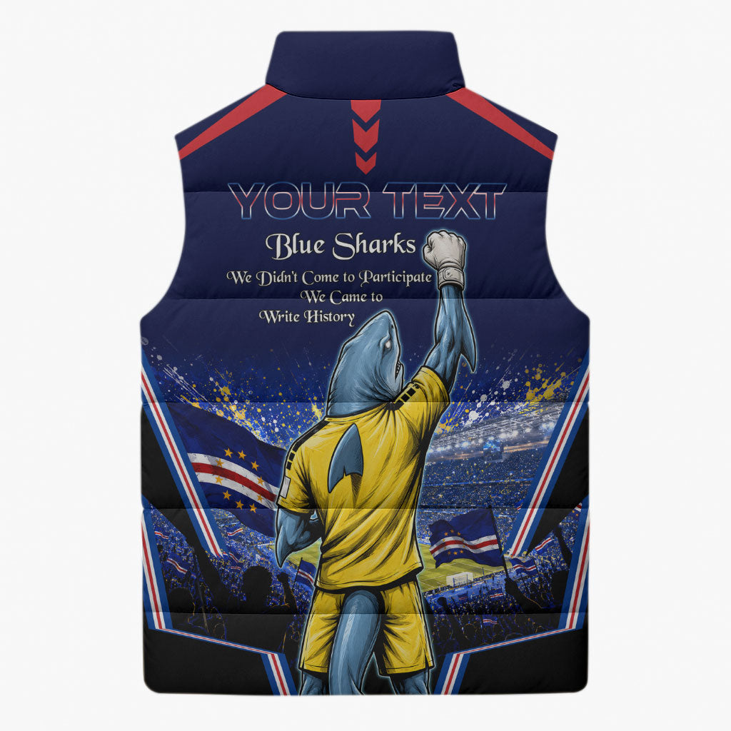 Personalized Cape Verde Blue Sharks Sleeveless Puffer Jacket African Pride Dynamic Stadium Soccer Graphic Art