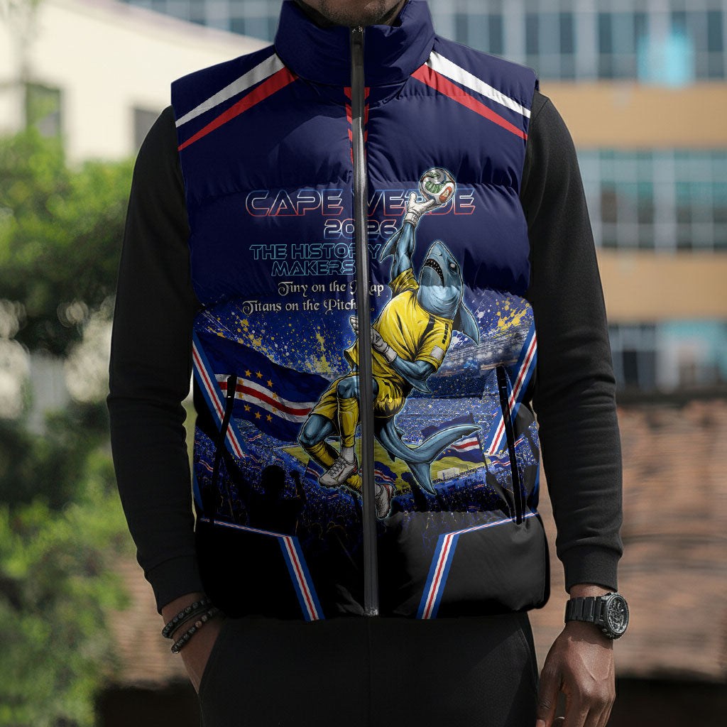Personalized Cape Verde Blue Sharks Sleeveless Puffer Jacket African Pride Dynamic Stadium Soccer Graphic Art