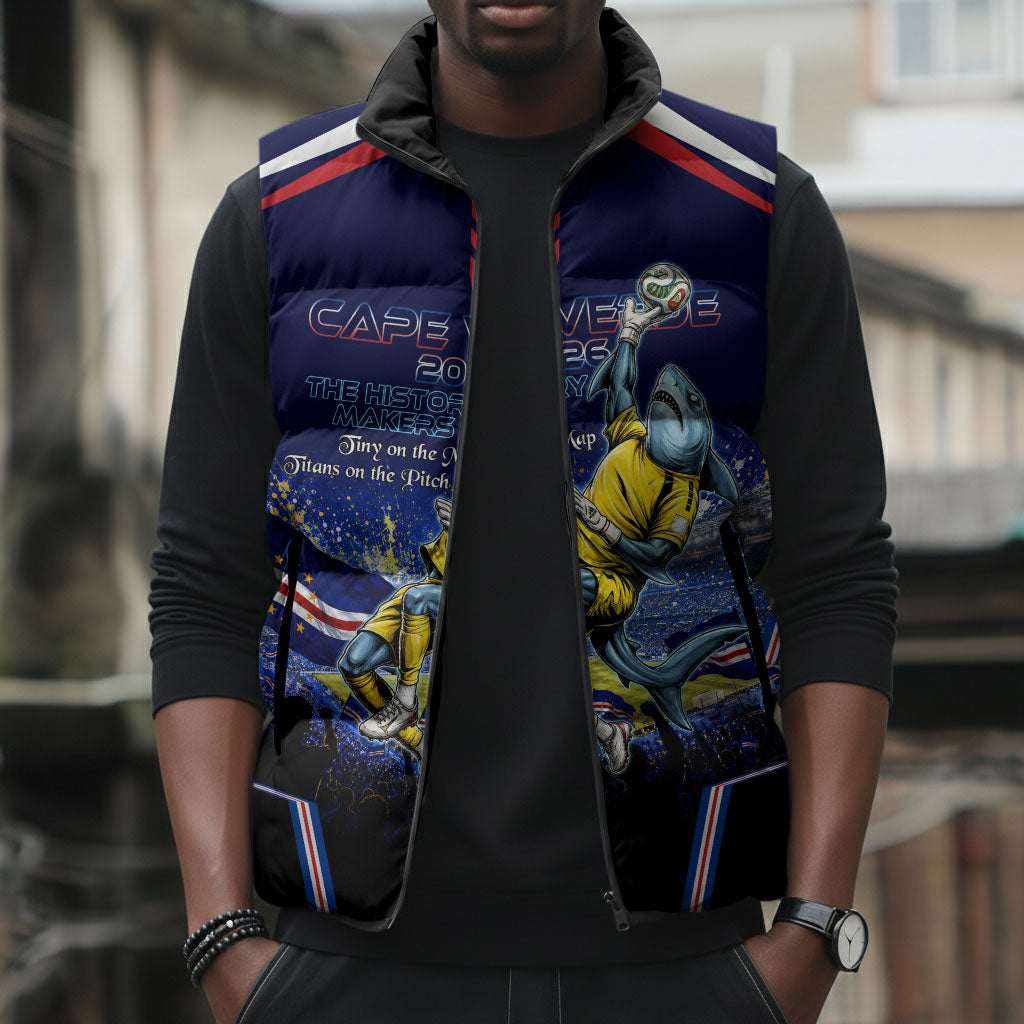 Personalized Cape Verde Blue Sharks Sleeveless Puffer Jacket African Pride Dynamic Stadium Soccer Graphic Art