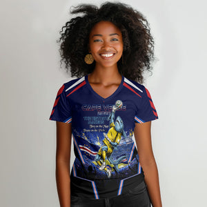 Personalized Cape Verde Blue Sharks Women V-Neck T-Shirt African Pride Dynamic Stadium Soccer Graphic Art