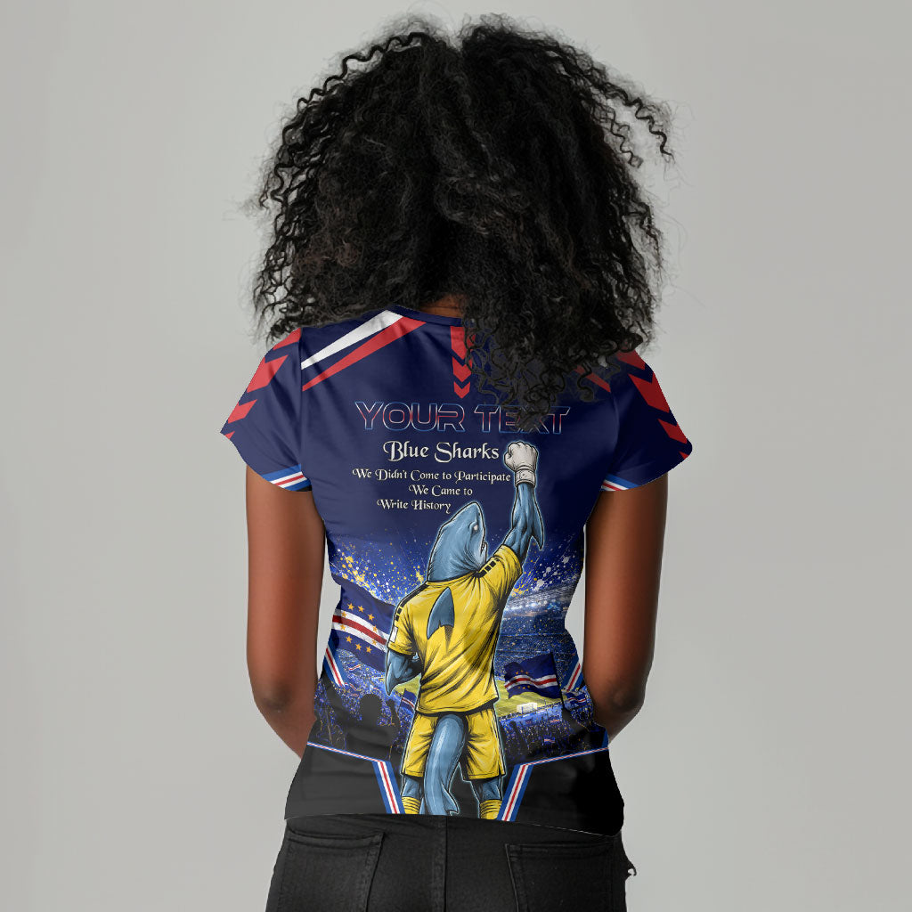 Personalized Cape Verde Blue Sharks Women V-Neck T-Shirt African Pride Dynamic Stadium Soccer Graphic Art