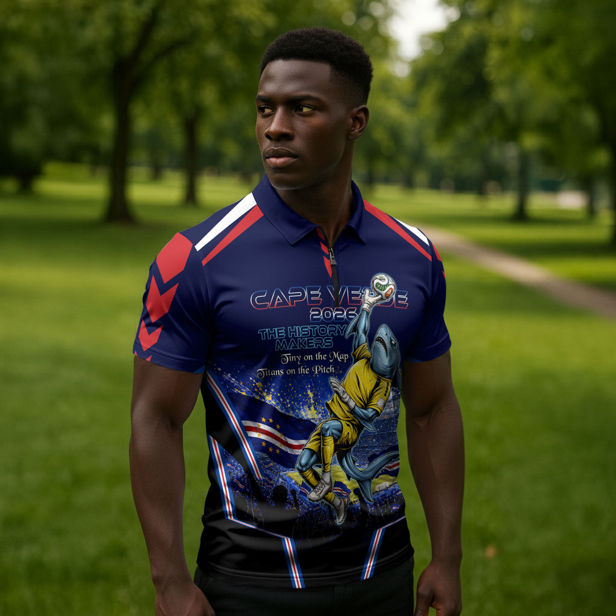 Personalized Cape Verde Blue Sharks Zipper Polo Shirt African Pride Dynamic Stadium Soccer Graphic Art