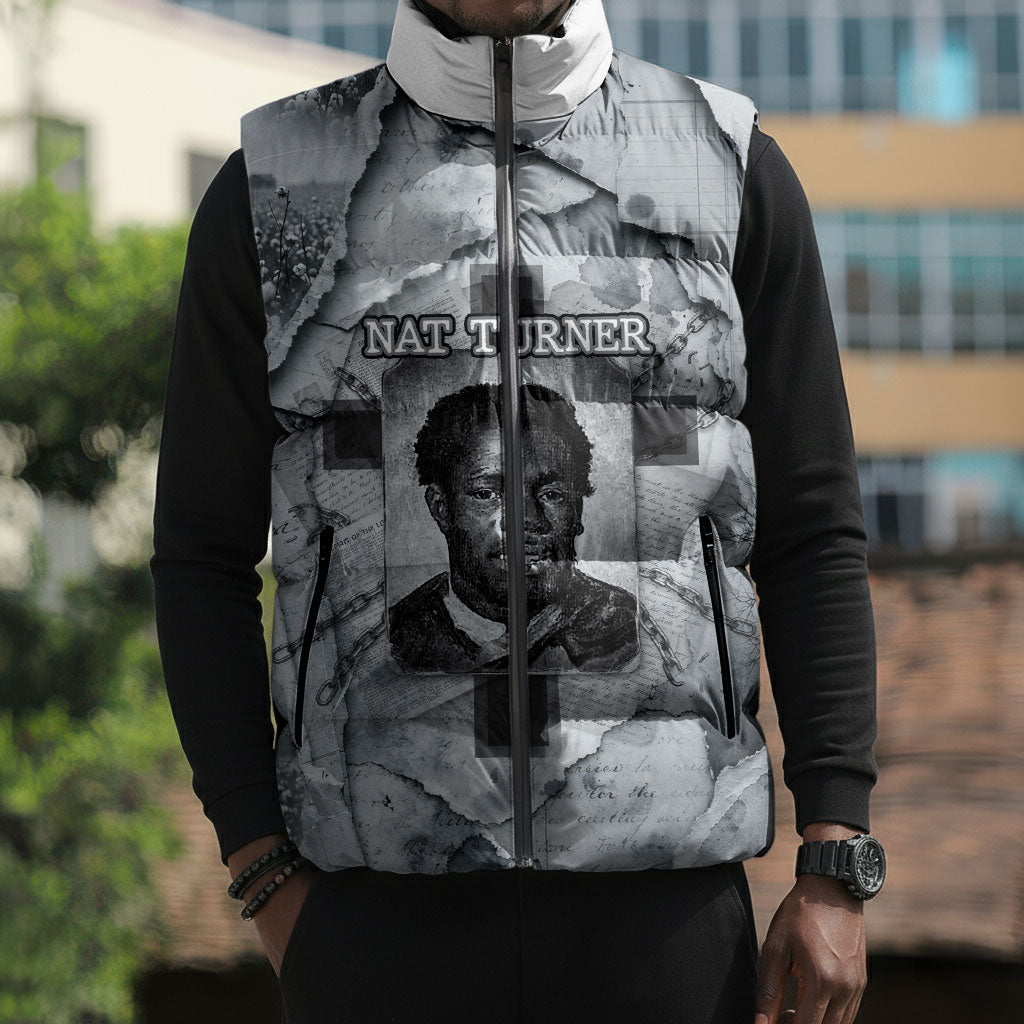 Nat Turner Sleeveless Puffer Jacket Black History Rebellion - Vintage Newspaper