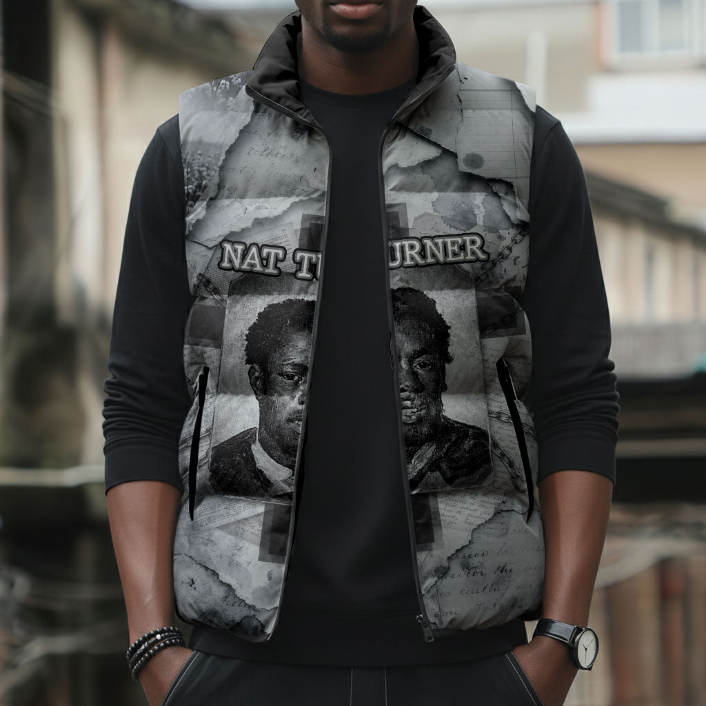 Nat Turner Sleeveless Puffer Jacket Black History Rebellion - Vintage Newspaper