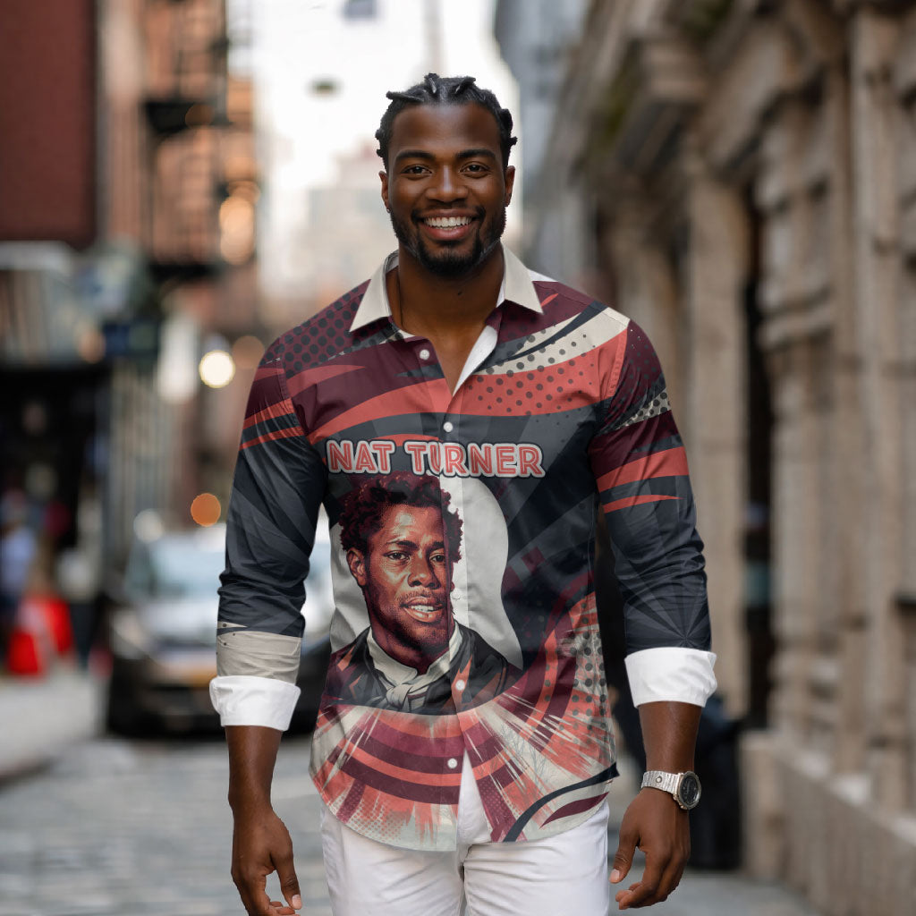 Nat Turner Black History Long Sleeve Button Shirt Retro Pop Art Swirl Sunburst Portrait Freedom