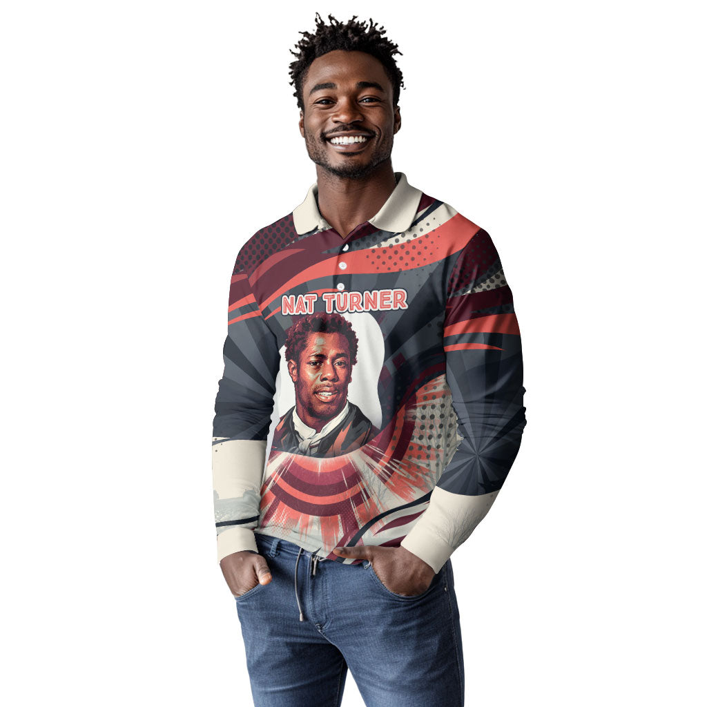 Nat Turner Black History Long Sleeve Polo Shirt Retro Pop Art Swirl Sunburst Portrait Freedom