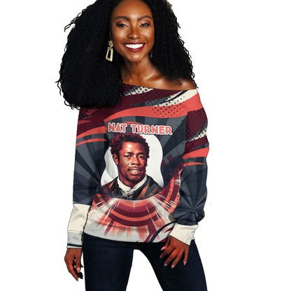 Nat Turner Black History Off Shoulder Sweater Retro Pop Art Swirl Sunburst Portrait Freedom