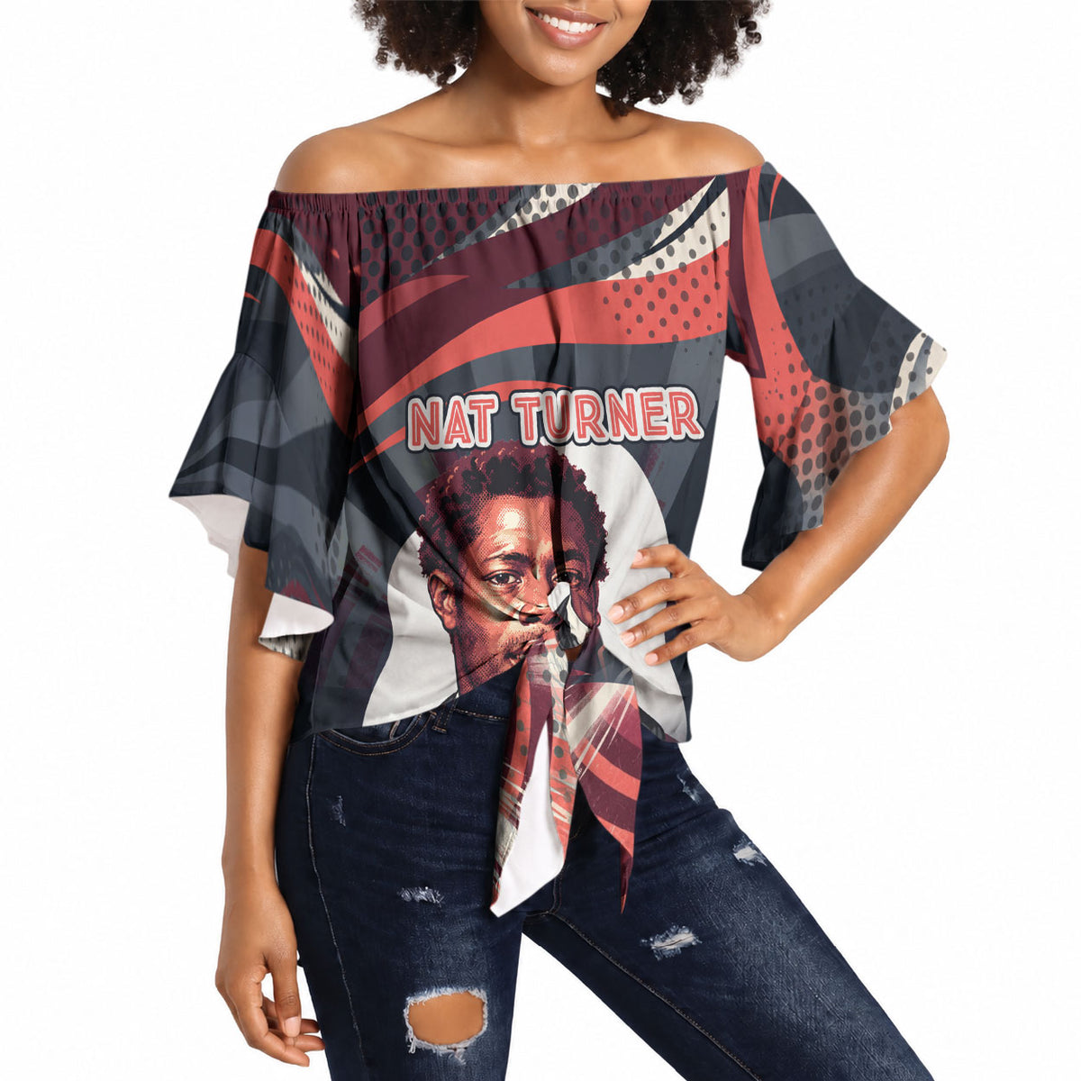 Nat Turner Black History Off Shoulder Wrap Waist Top Retro Pop Art Swirl Sunburst Portrait Freedom