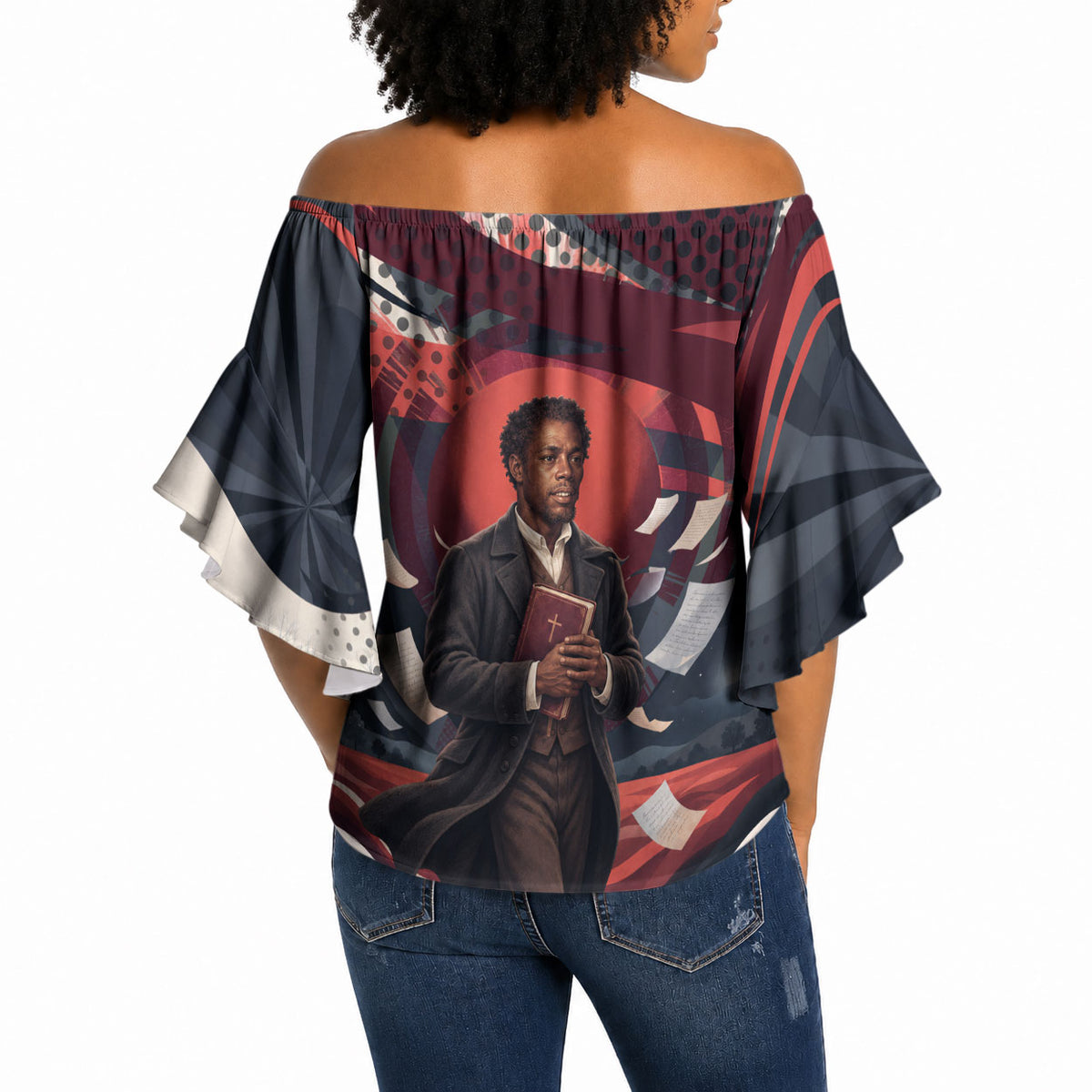 Nat Turner Black History Off Shoulder Wrap Waist Top Retro Pop Art Swirl Sunburst Portrait Freedom