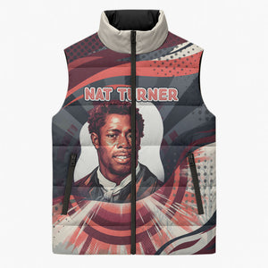 Nat Turner Black History Sleeveless Puffer Jacket Retro Pop Art Swirl Sunburst Portrait Freedom