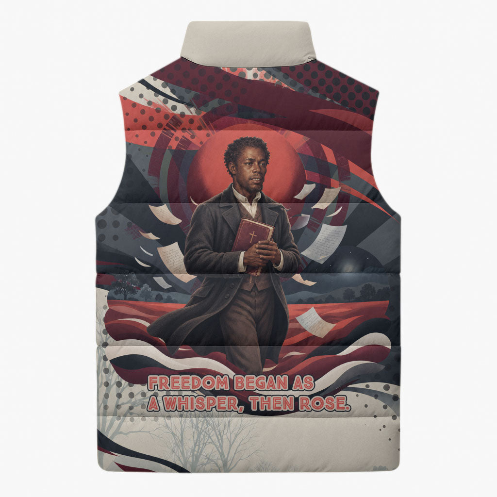 Nat Turner Black History Sleeveless Puffer Jacket Retro Pop Art Swirl Sunburst Portrait Freedom