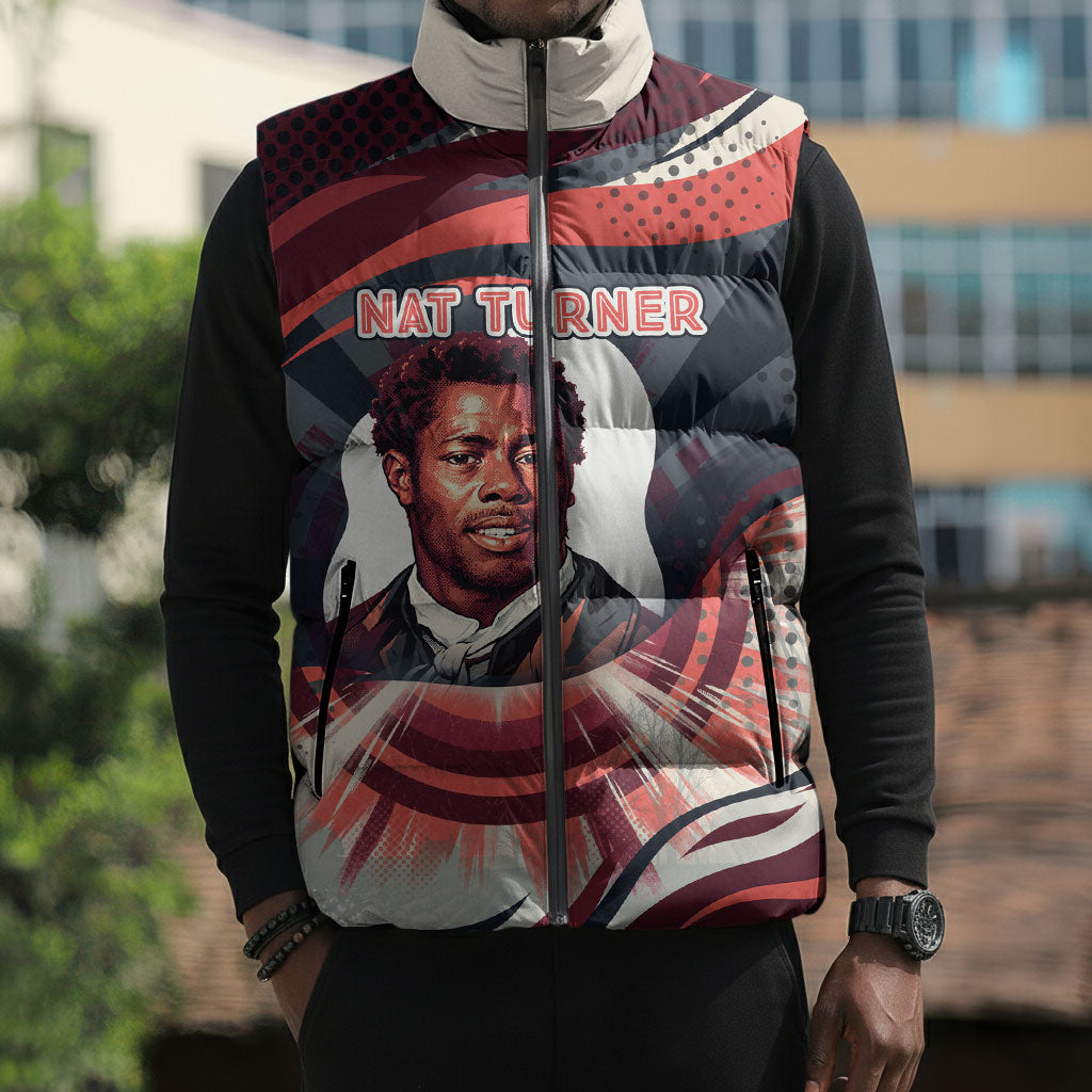 Nat Turner Black History Sleeveless Puffer Jacket Retro Pop Art Swirl Sunburst Portrait Freedom