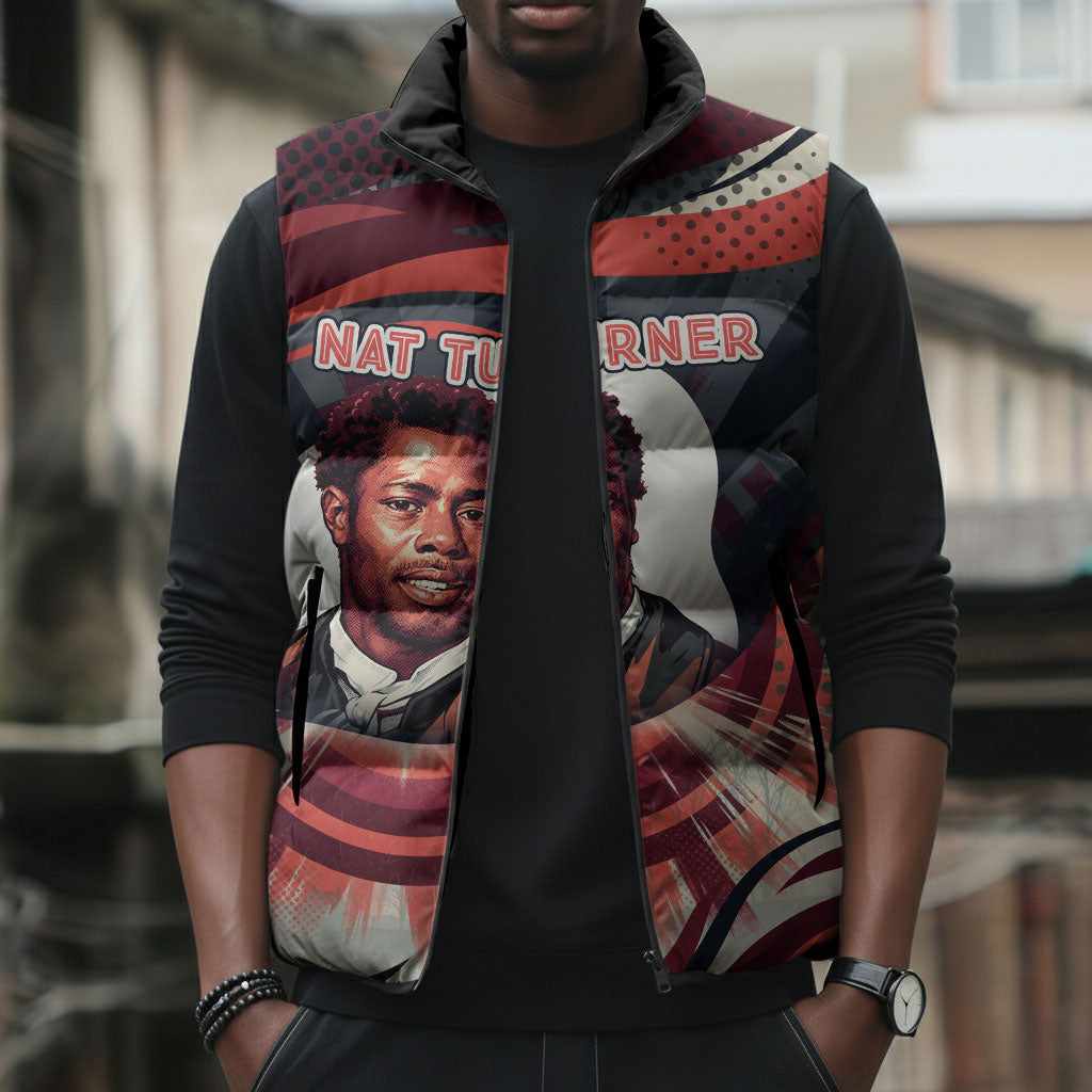 Nat Turner Black History Sleeveless Puffer Jacket Retro Pop Art Swirl Sunburst Portrait Freedom